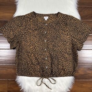 J. Crew Size XL Leopard Animal Print Puff Sleeve Tie Waist Top Blouse CK749